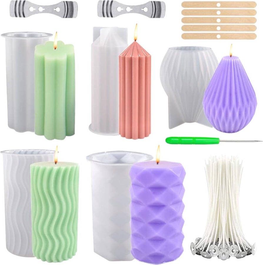 Creatieve Silicone 3D Kaarsvormen Kit Inclusief 5 stuks met Gietvormen en Lonten Maak je eigen Unieke Kaarsen voor Thuisdecoratie Knutsel Ornamenten Do-It-Yourself Geurkaarsen