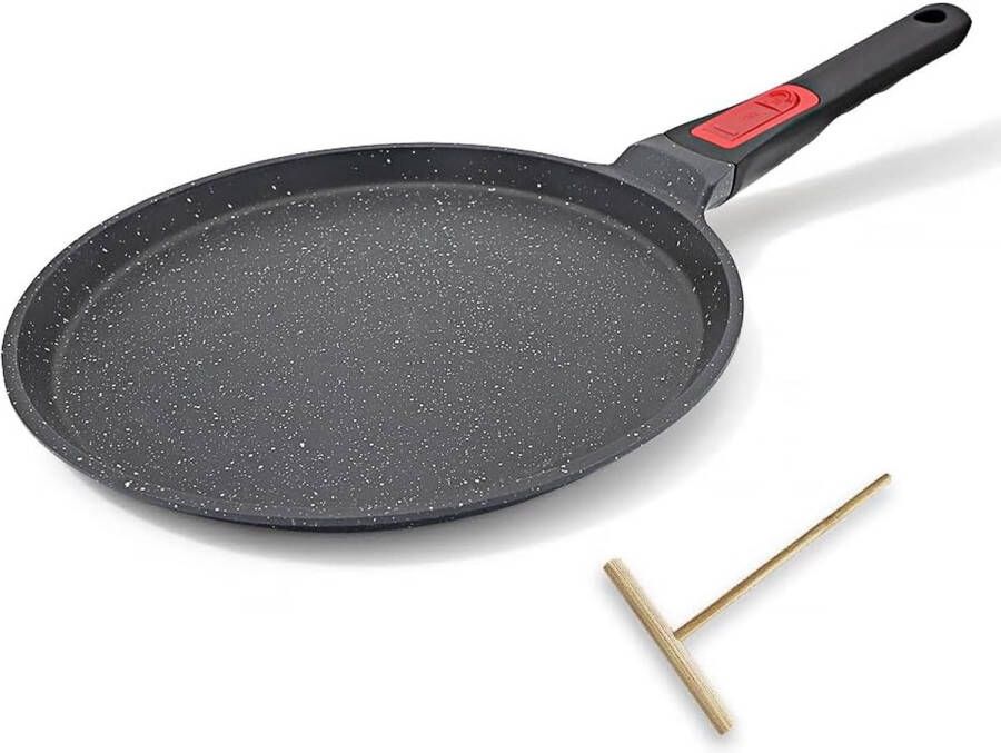 Crêpepan 25 cm met afneembaar handvat pannenkoekenpan met deegspreider antiaanbaklaag inductie zwart