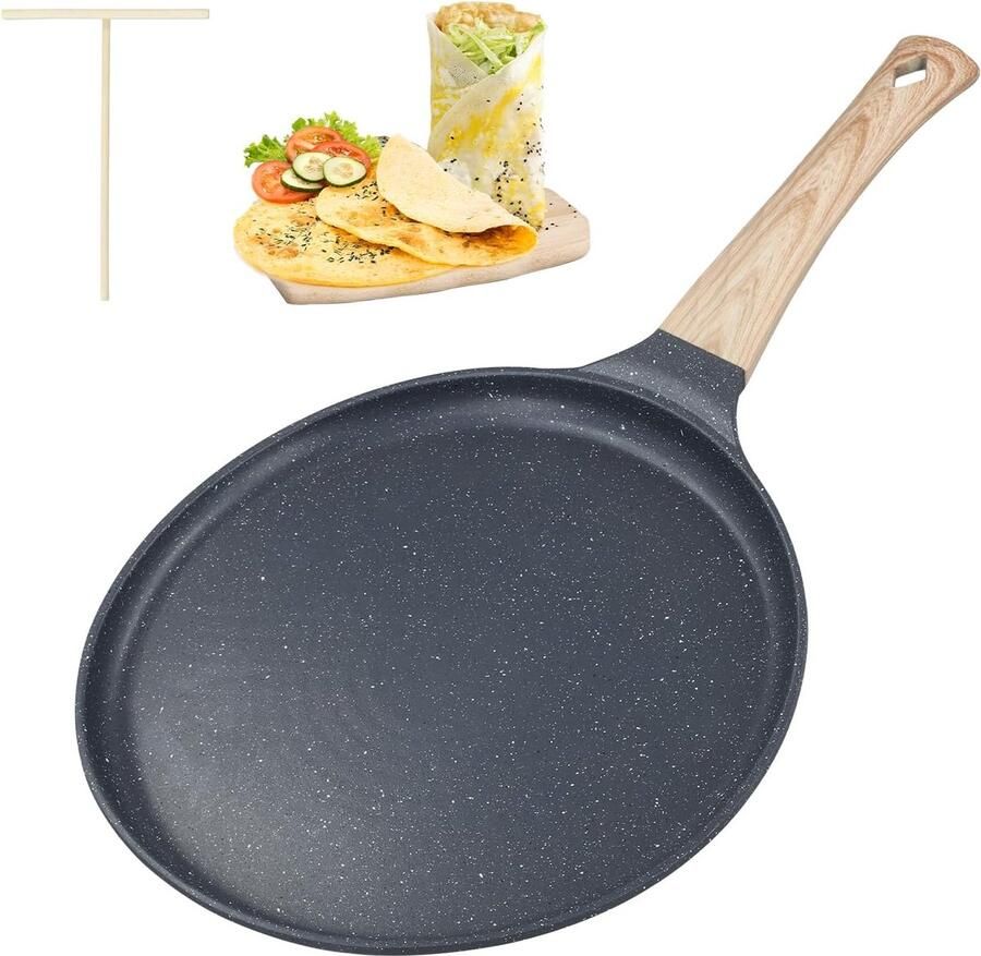 Crêpepan inductie 24 cm pannenkoekenpan met deegverdeler pannenkoekenpan met echte steendeeltjes antiaanbaklaag houten handvat voor alle kookplaten