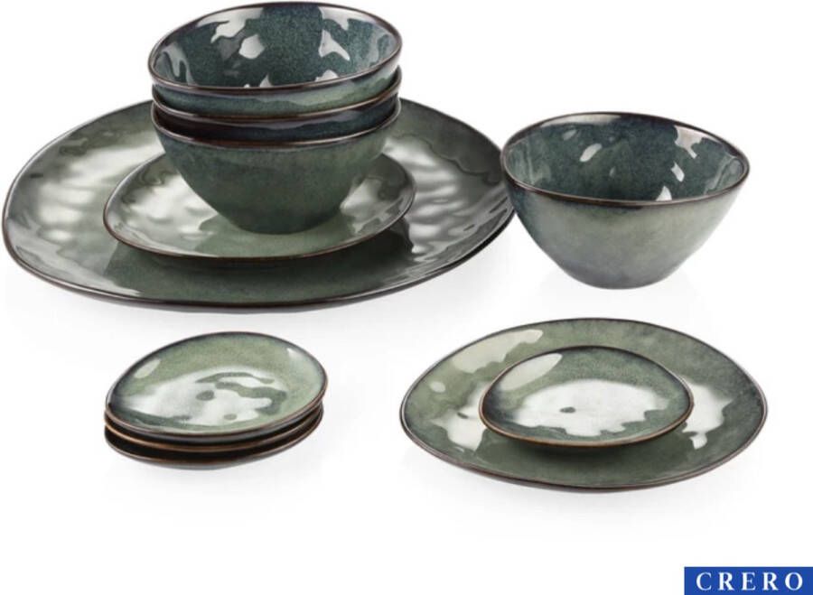 CRERO Luxe Serviesset 11 delig Keramiek servies Bordenset Serveerschaal Ontbijt borden Bowls Schaaltjes Groene vintage look