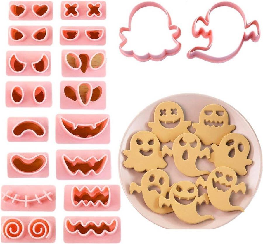 Crethink Halloween Cookie Cutters-10 stuks 3D Plastic Pressable Ghost Halloween Biscuit Cutters Set Plastic Ghost Element Cookie Cutters Set voor Kids-Grimas Spectre stempels met vervangbare