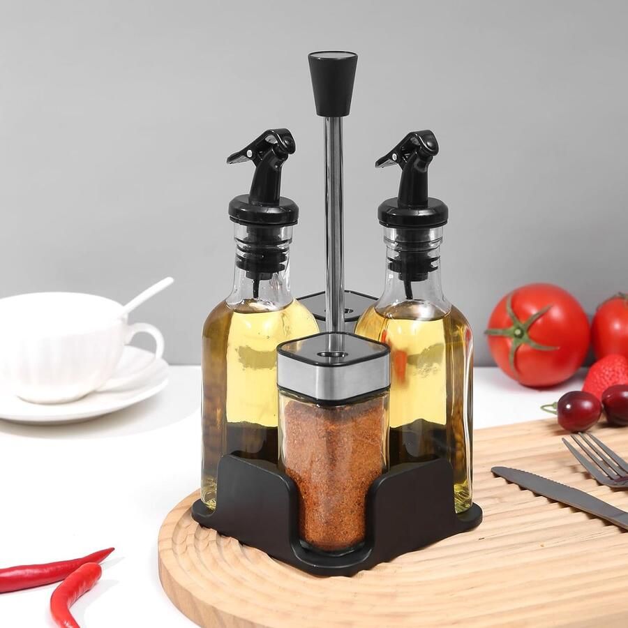Cruetset olie- en azijnflessenset 160 ml azijn- en olieflessenset 160 ml kruidenpotjes vierkant met shaker-inzet kruidenstrooier 120 ml zout- en peperstrooier kruidenrek voor thuis eetkamer
