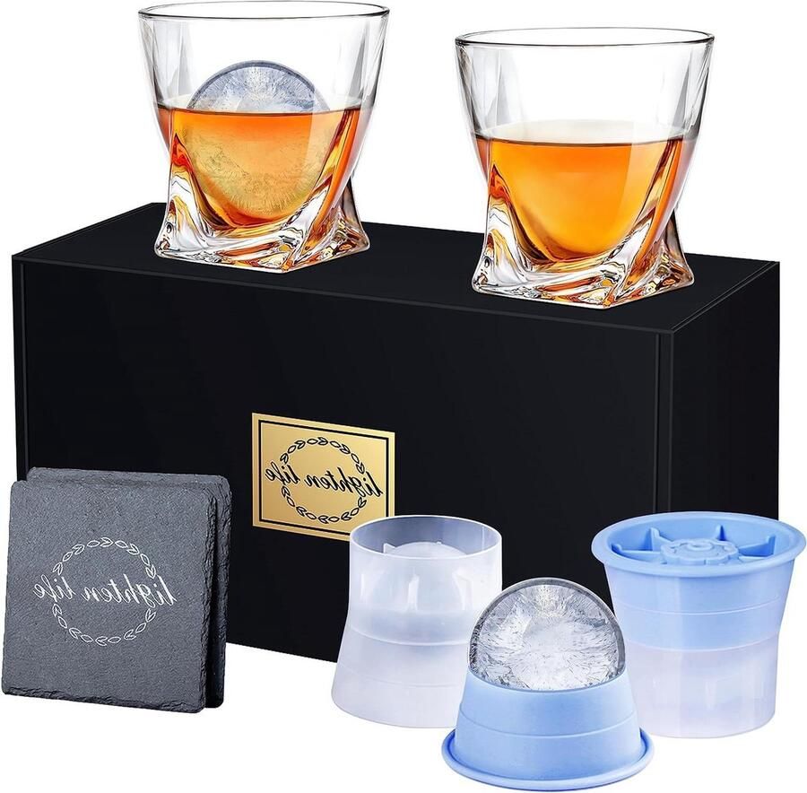 Crystal Bourbon Whisky Glass Set with 2 Ice Molds 2 Coasters in Gift Box Non-Lead Old Fashioned Glass for Bourbon Scotch Whiskey Rock Glasses with Ice Mold Whisky Gift Set for Men