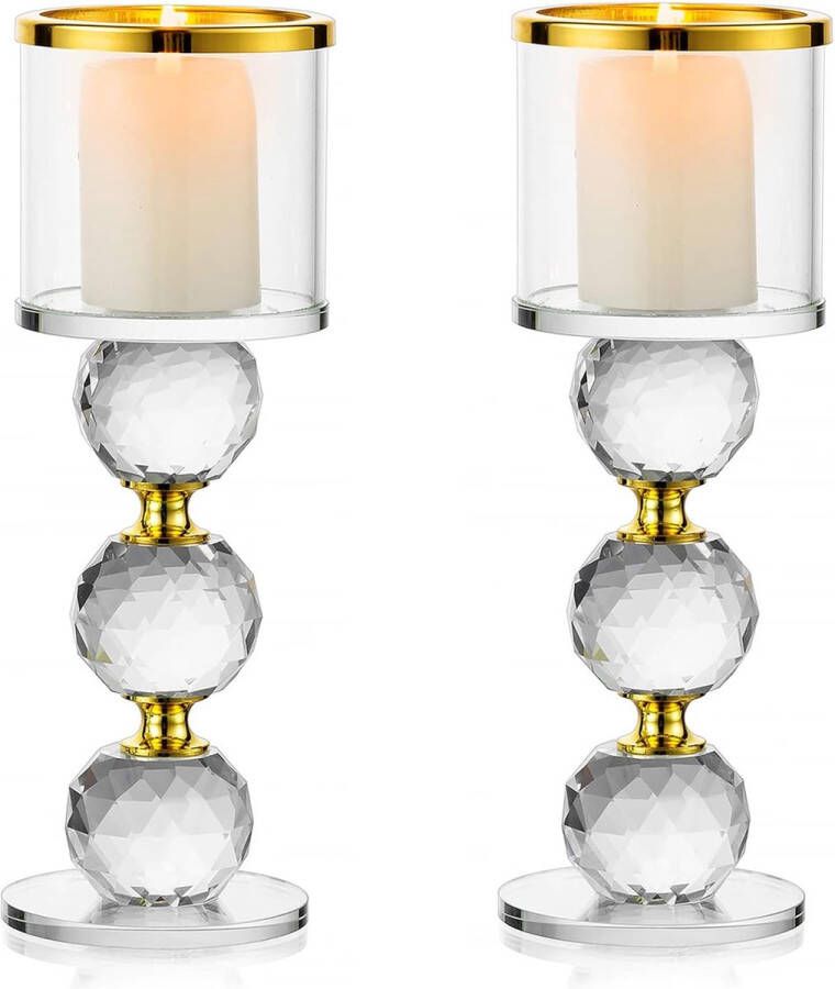 Zhs Crystal Pillar Candle Holder Set van 2 helderglazen kandelaarhouders Theelichtkandelaar Candlelight Dinner Table Centerpiece voor huwelijksgeschenken Schoorsteenhaard Decoratie Goud