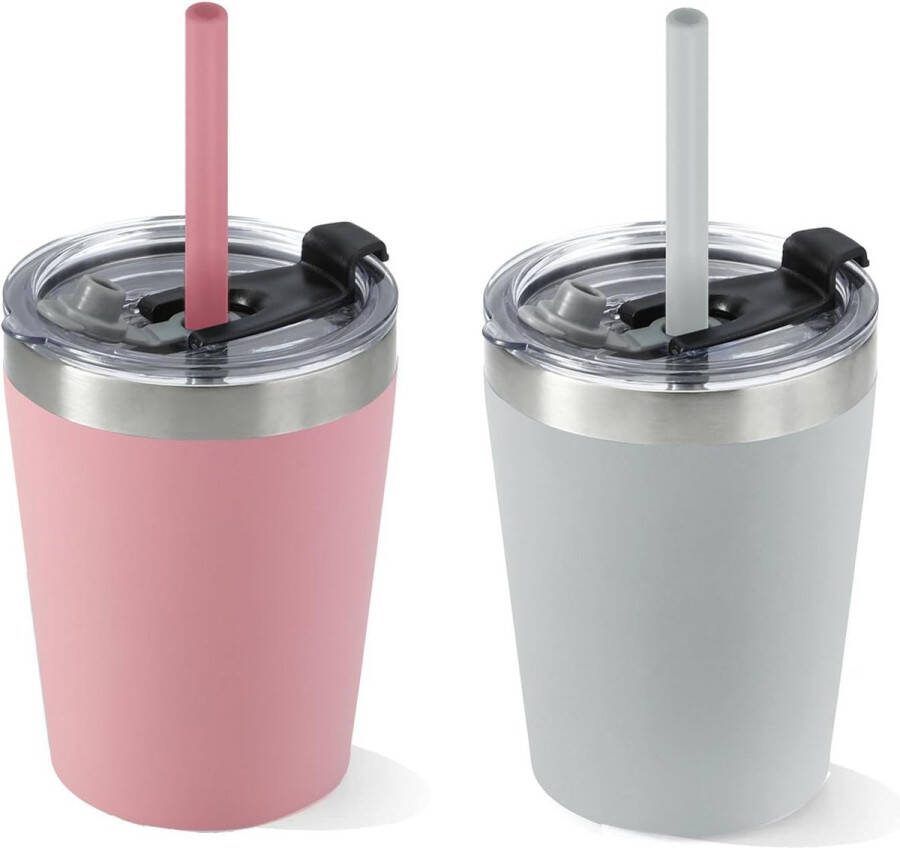 Cup Baby roestvrijstalen beker babydrinkbeker met lekvrije deksels en siliconen rietjes voor kinderen en peuters smoothie kinderbeker met siliconen hoesje 237 ml (grijs roze)