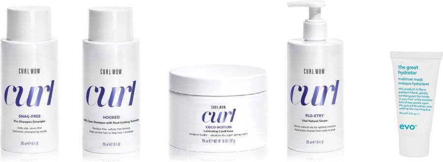 Curl Wow Snag Free Pre Shampoo Detangler + Hooked Clean Shampoo + Motion Lubricating Conditioner + Flo Entry Rich Natural Supplement + WILLEKEURIG Travel Size