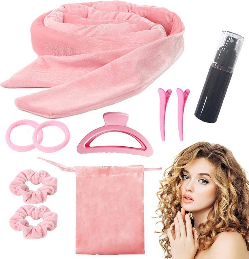 Curlingband Hittevrije Krulspelden Krullen Zonder Hitte voor Lang Haar krullen 's nachts geen warmte krullende haarband doe-het-zelf zonder hitte krulbandset voor vrouwen (roze)