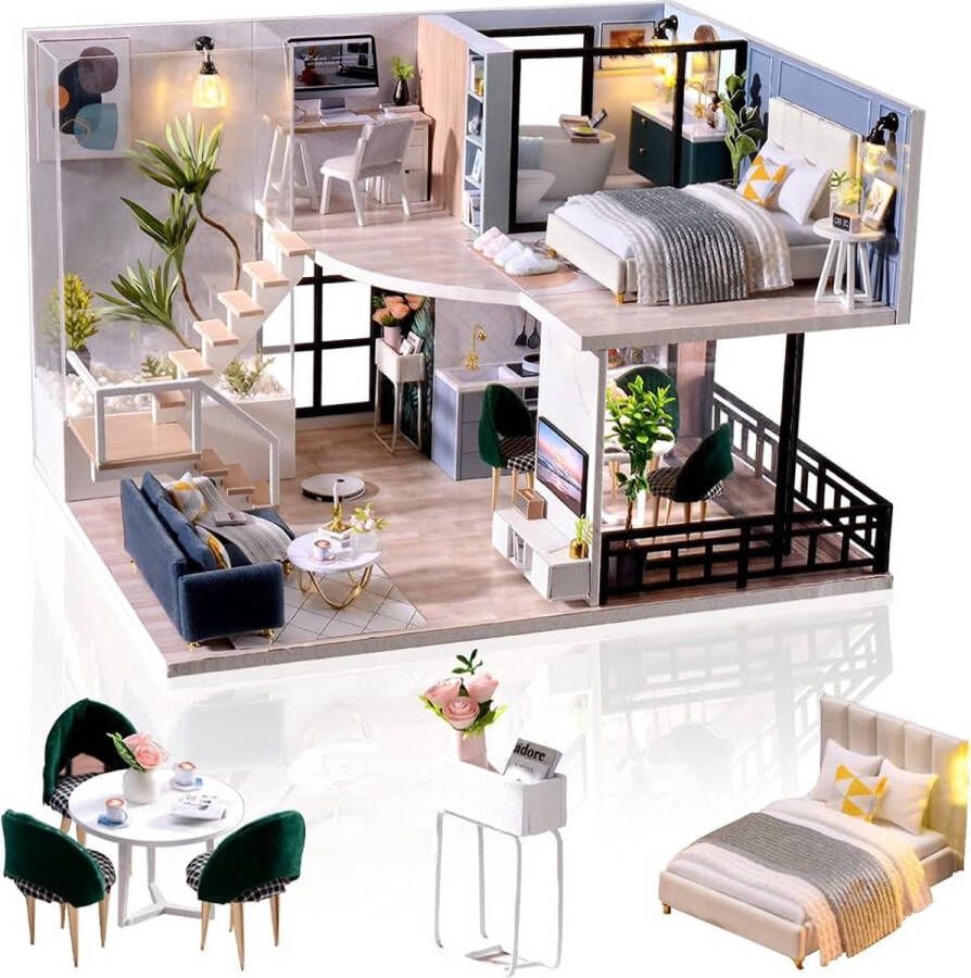 Cuteefun DIY Miniatuur Huisset voor Volwassenen om Handgemaakt Mini-Appartement te Bouwen Met Muziek Meubels en Gereedschap Creatieve Knutselsets Cadeau-Idee (Vrije Tijd)