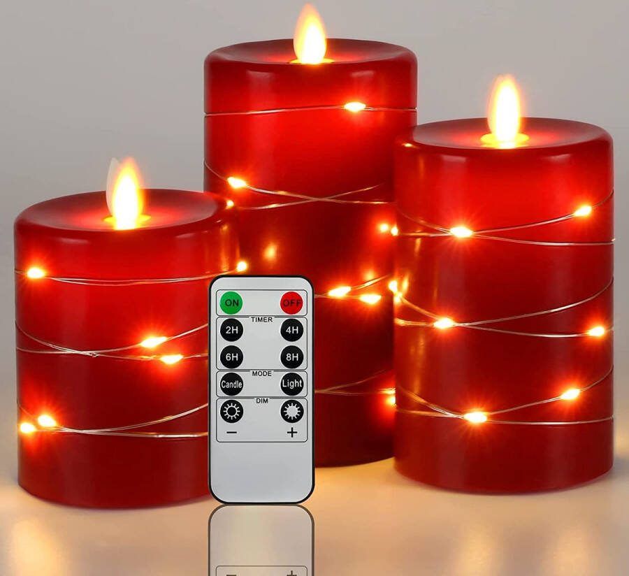 Da by Led-kaarsen 360 graden kijkhoek met sterrenlichtketting set van 3 lichtkettingen led-kaarsen met afstandsbediening met 10 toetsen 24-uurs timerfunctie dansende vlam echte was (rood)