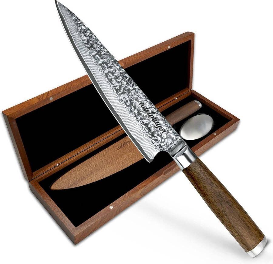Damascus Mes Keukenmes gesmeed uit Japans Damascus Staal (Lemmet: 20 cm) Scherp Damascus Koksmes voor Vlees Vis & Groenten