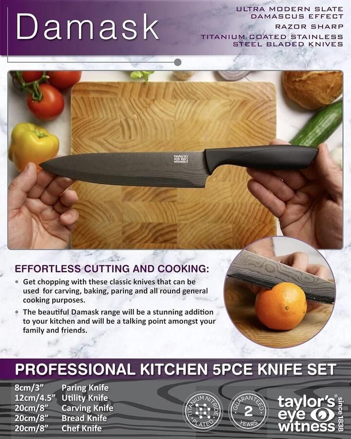 Damast keukenmessenset 5 stuks grijs 9 cm paring- 13 cm utility- 20 cm chef carving & broodmessen ultra modern leisteen damascus effect titanium gecoat roestvrij staal