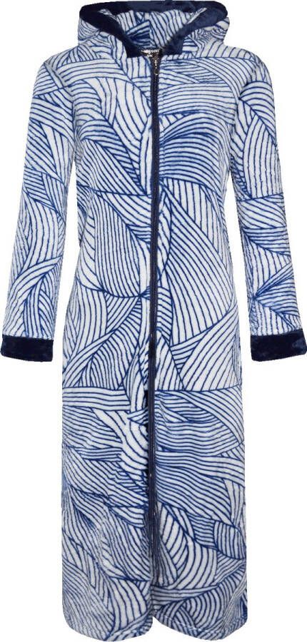 Dames badjas fleece benyson met capuchon en rits streep blauw L XL