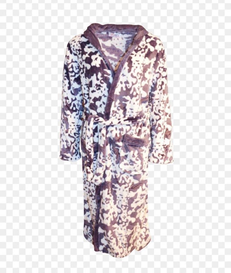 Dames badjas fleece met zakken en capuchon wit paars M 36-38