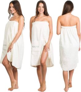 Dames saunakilt sauna-arong S-XXL met sleuven elastiek en tas 100% katoen creme wit