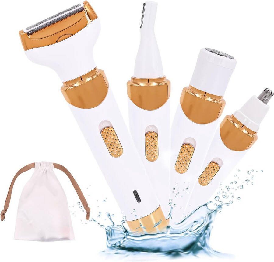 Damesepilator bikinitrimmer 4 in 1 elektrisch scheerapparaat voor dames nat en droog gebruik oplaadbaar Ontharingsapparaat geschikt voor gezicht oksels benen geslachtsdelen goud