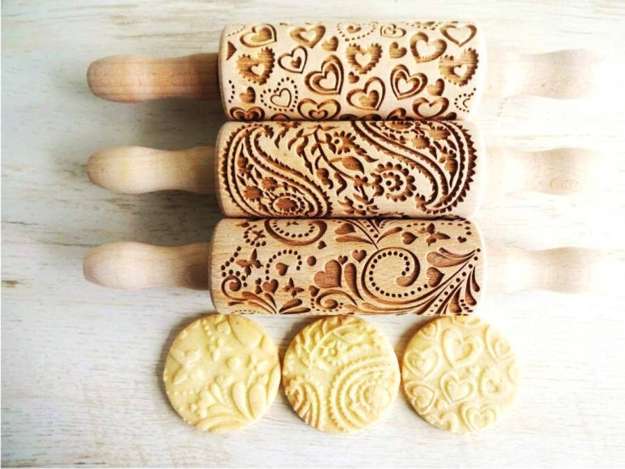 Day set van 3 met hartjes paisley en lentemotief deegroller voor zelfgemaakte koekjes