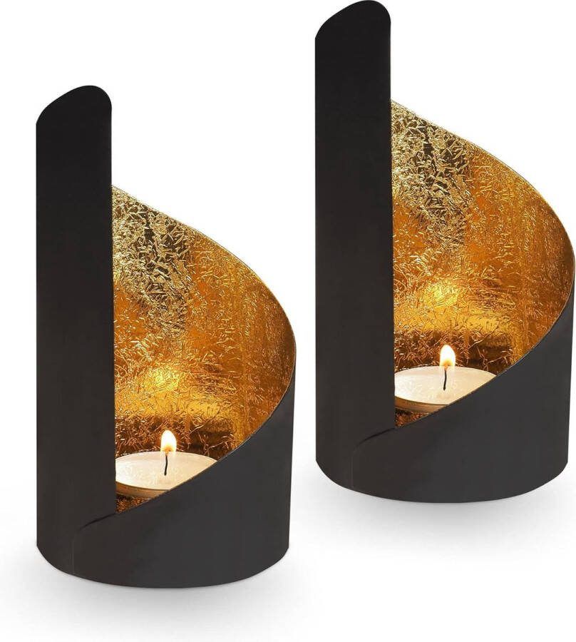 De tekst in het Nederlands zou zijn: Theelichthouder decoratief goud set met 2 stuks theelichthouders esthetische kamerdecoratie woonkamer modern decoratie zwart-goud door