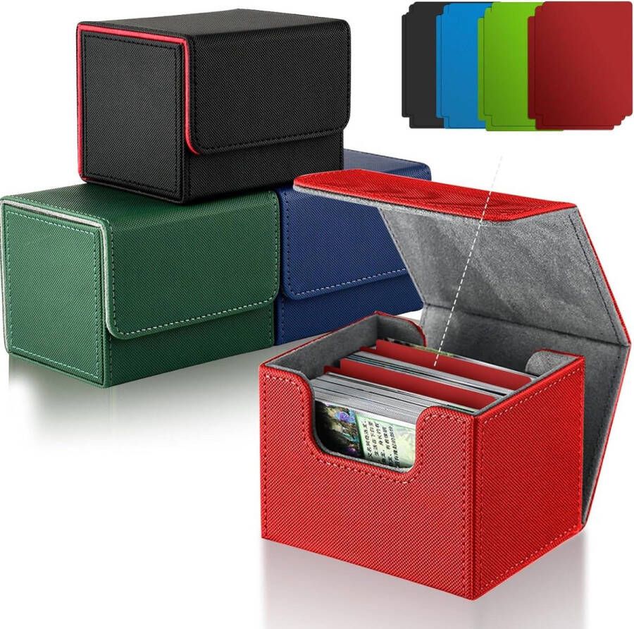 Deckbox voor verzamelkaarten 100+ kaarten 2 PVC-kaartverdelers Microvezel binnenvoering Speelkaarten opbergen Zwart rood Set van 4