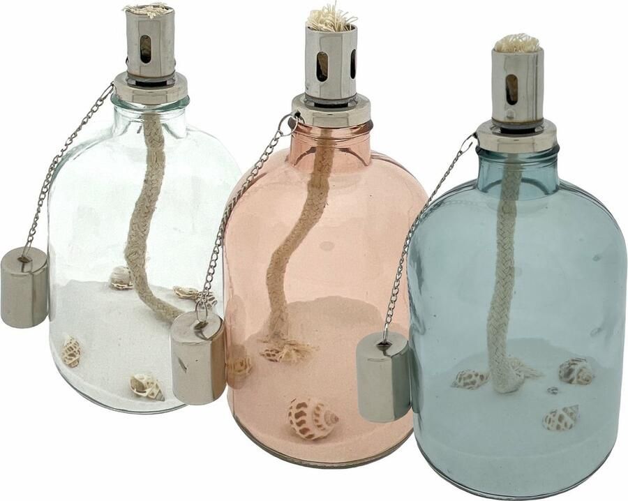 Deco olielamp Met Wit Zand En Schelpen 22 x 11 cm 3 Stuks