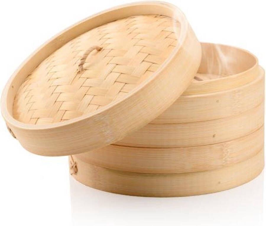 Decopatent 3 Delig Stoommandje met deksel Ø20.5 Cm Bamboe Rijst Stoommanden Stomer Steamer Cooker Dim Sum Stoomschaal