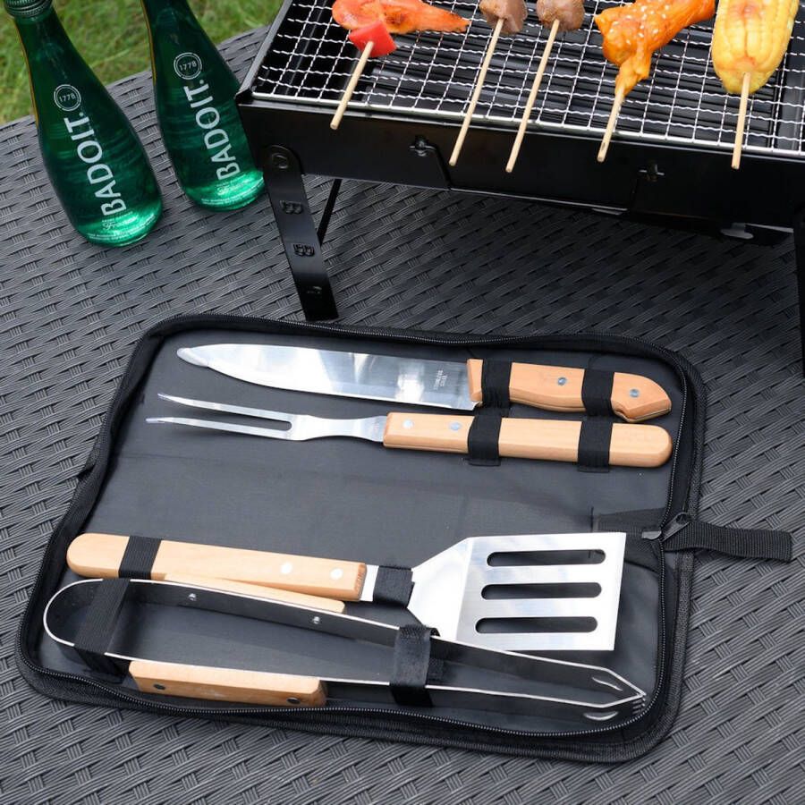 Decopatent 5 Delig BBQ Gereedschapset in Draagtas Barbeque accessoires Set Grill Barbeque Tang Spatel Mes Vork Rvs Hout