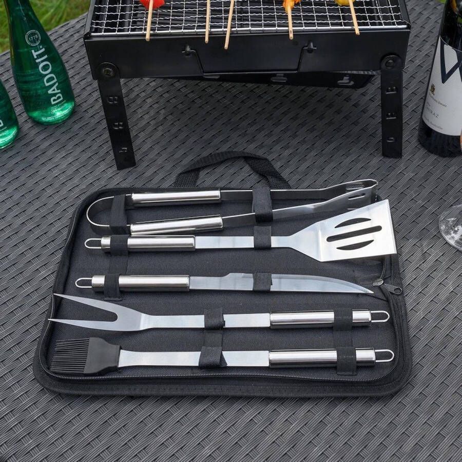 Decopatent 6 Delig BBQ Gereedschapset in Draagtas Barbeque accessoires Set Grill Barbeque Tang Spatel Mes Vork Borstel Rvs