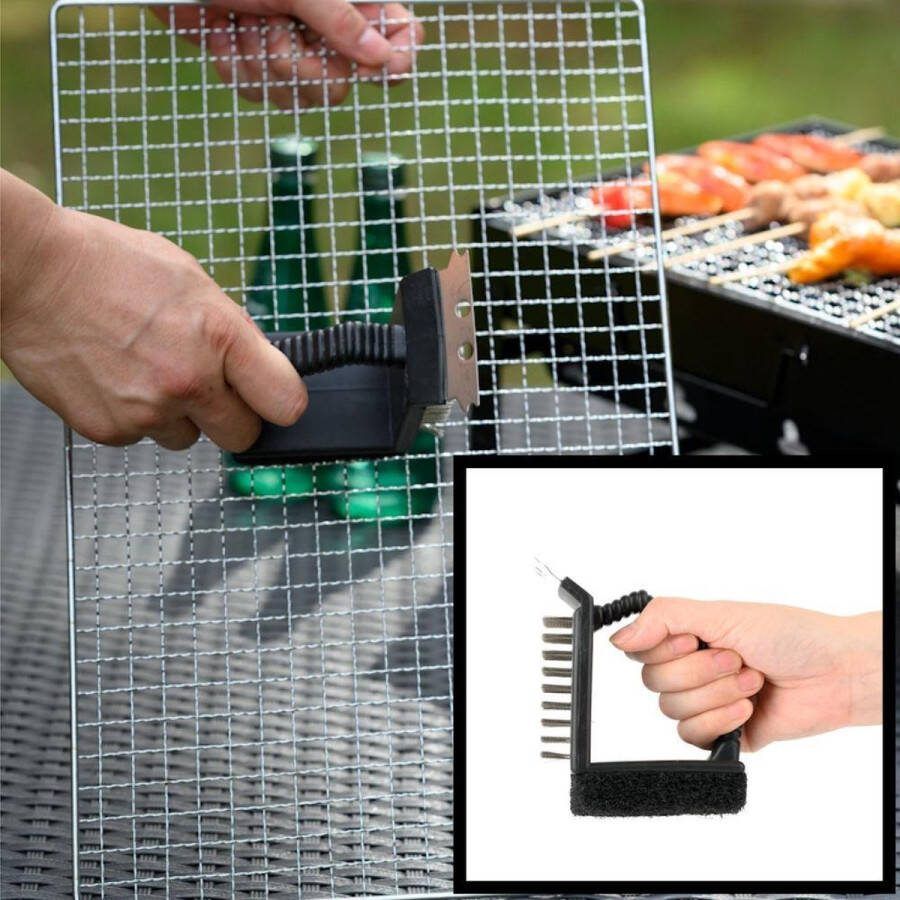 Decopatent BBQ Borstel met Schraper & Schuurspons Barbecue Grill Schoonmaken Schoonmaak borstels Reinigen Rvs Staal