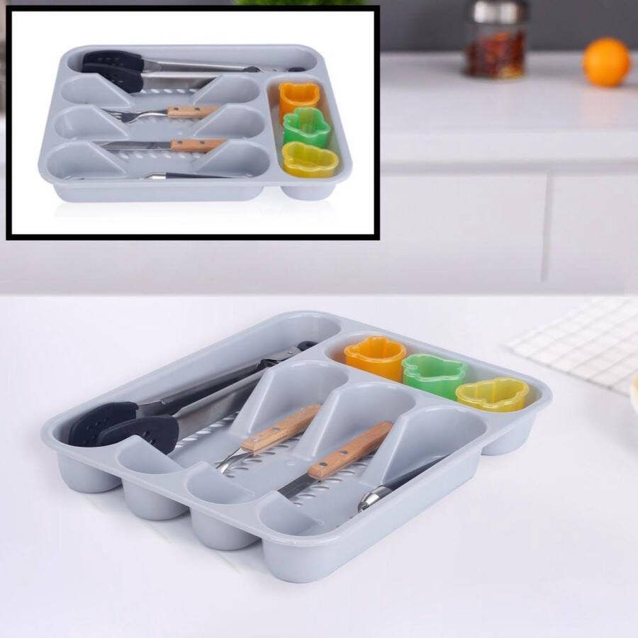 Decopatent Besteklade Met 5 Vakken Bestekbak Kunstof Bestekbakken Keukenla bestek organizer 26 x 33 x 4.5 Cm Grijs