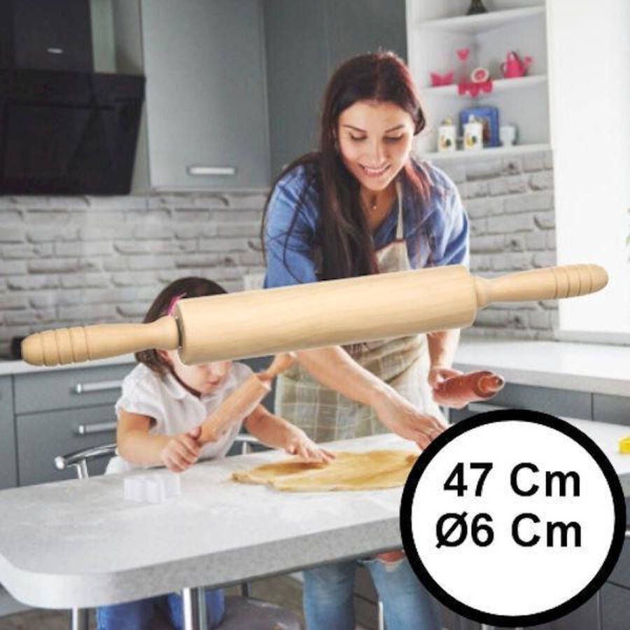 Decopatent Deegroller rolstok met handvat FSC Hout antikleef 47x6x6Cm Deegrolstok draaiende roller Rolgedeelte 23xØ6Cm