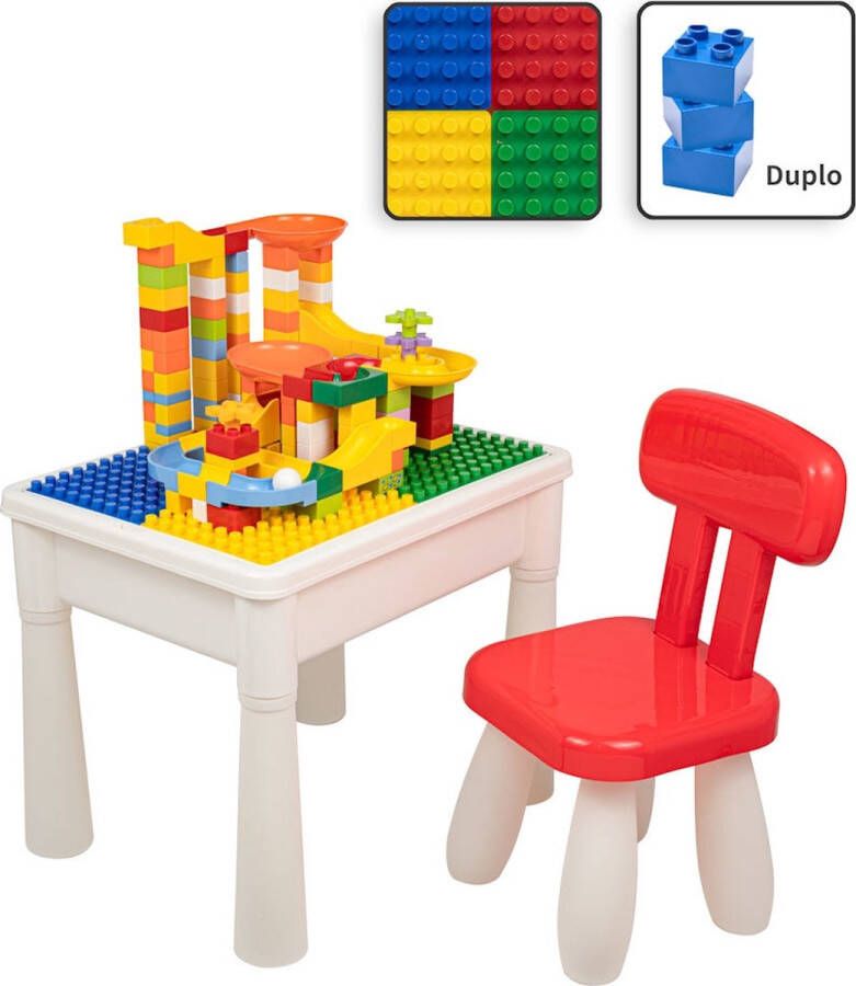 Merkloos Sans marque Decopatent Kindertafel met 1 Stoeltje Speeltafel met bouwplaat en vlakke kant Tekentafel Geschikt voor Duplo Bouwstenen