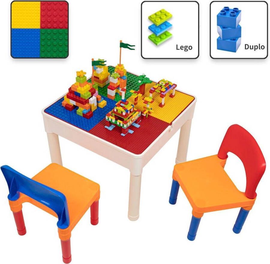 Merkloos Sans marque Decopatent Kindertafel met 2 Stoeltjes Speeltafel met bouwplaat en vlakke kant Geschikt voor Lego & Duplo Bouwstenen