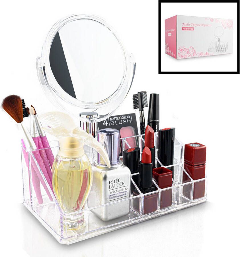 Merkloos Sans marque Decopatent Make up Organizer met 15 Vakken & Spiegel Makeup Organizer Transparant Sieraden Make-up Cosmetica Opbergdoos