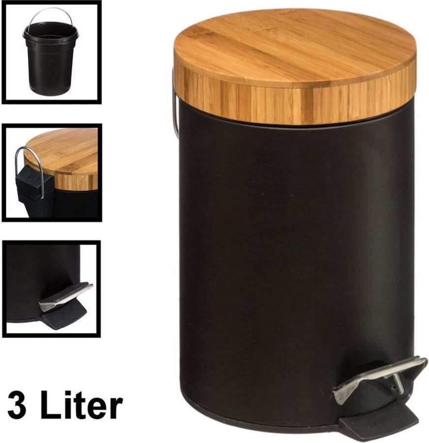 Decopatent Pedaalemmer 3 liter Met Bamboe Houten Deksel Pedaalemmer 3L Prullenbak Keuken toilet 17Øx25.5 Cm Mat Zwart
