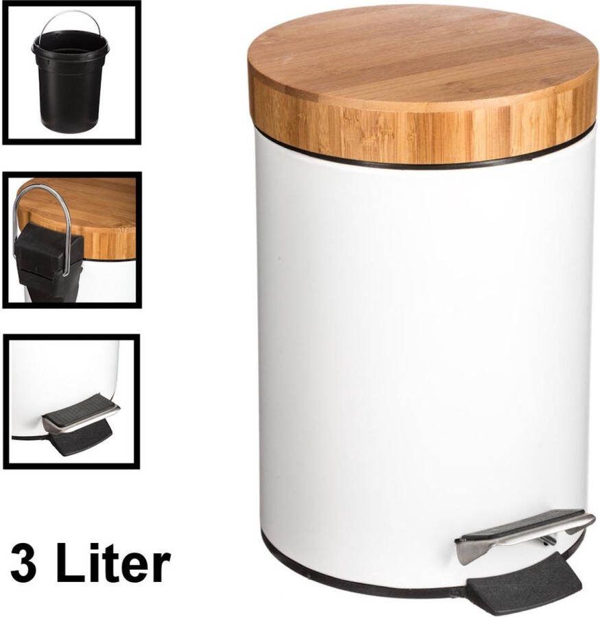 Decopatent Pedaalemmer 3 liter Met Bamboe Houten Deksel Pedaalemmer 3L Prullenbak Keuken toilet 17Øx25.5 Cm Mat Wit