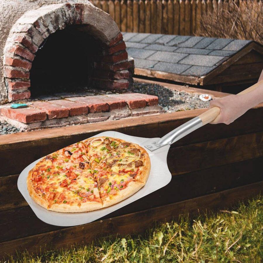 Decopatent Pizzaschep Vierkante pizzaschep met lang houten Handvat (80cm) Pizzaspatel Hout Rvs metaal VIERKANT