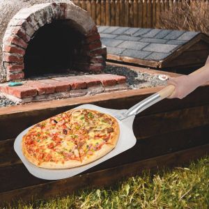 Merkloos Sans marque Decopatent Pizzaschep Vierkante pizzaschep met lang houten Handvat (80cm) Pizzaspatel Hout Rvs metaal VIERKANT