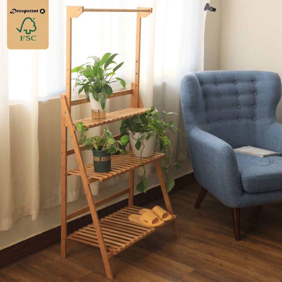 Merkloos Sans marque Decopatent Plantenrek met 3 etages + Stang voor Hangplanten Bamboe hout staand binnen Plantentrap Bloemenrek Plantenetagere