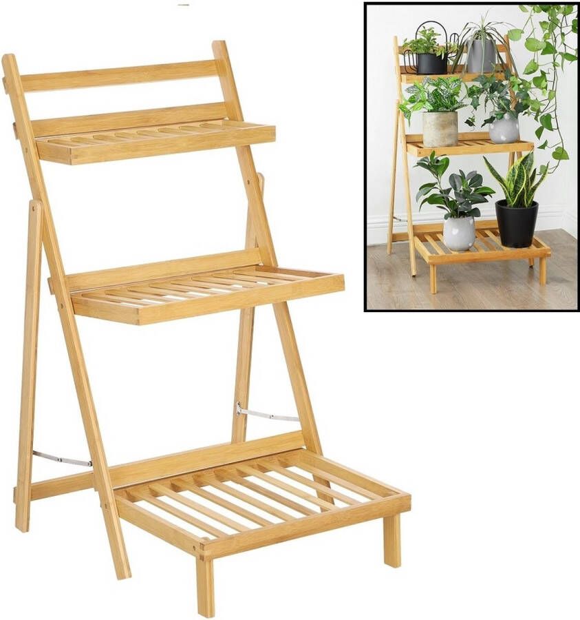 Merkloos Sans marque Decopatent Plantenrek van bamboe hout Plantentrap Bloemenrek Plantenetagere 3 etages Staand planten en bloemen rek