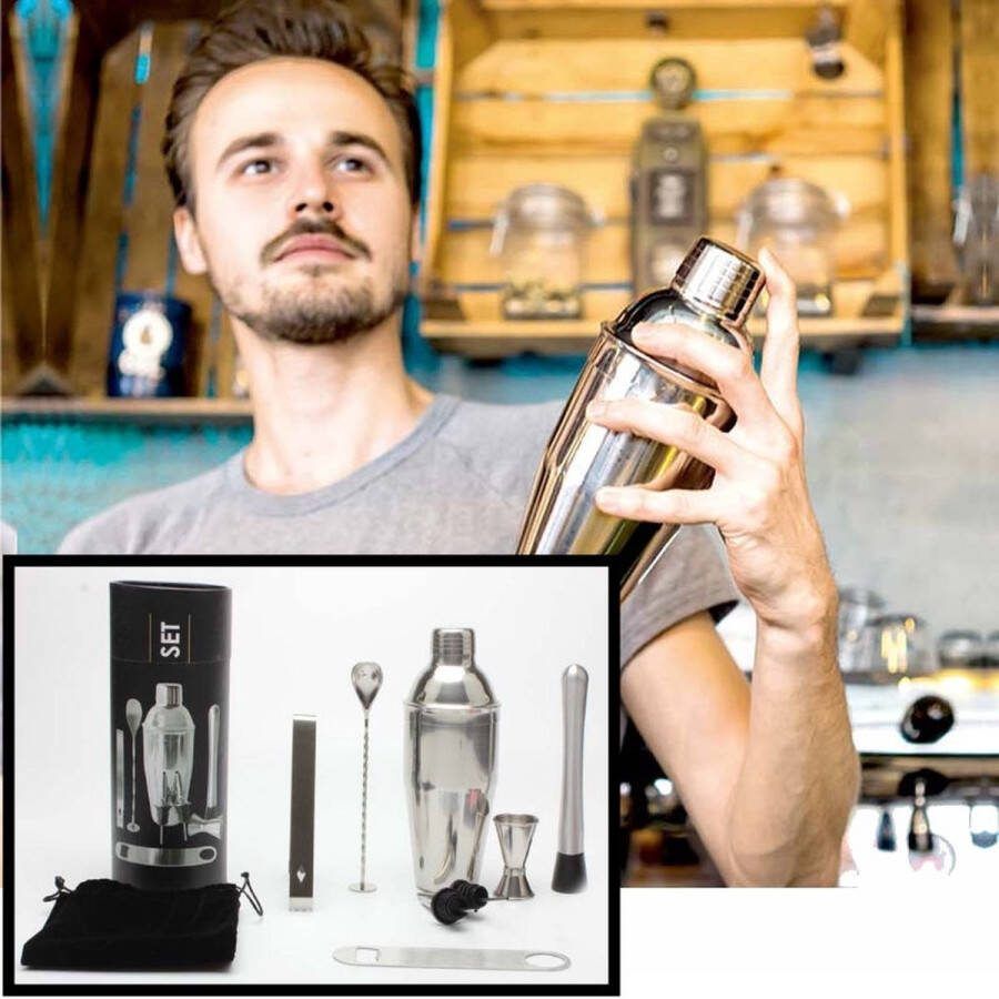 Decopatent PRO Cocktail Set 9-delige Rvs Barset met Shaker Maatbeker Stamper Recepten boek Barmixer Cocktailshaker