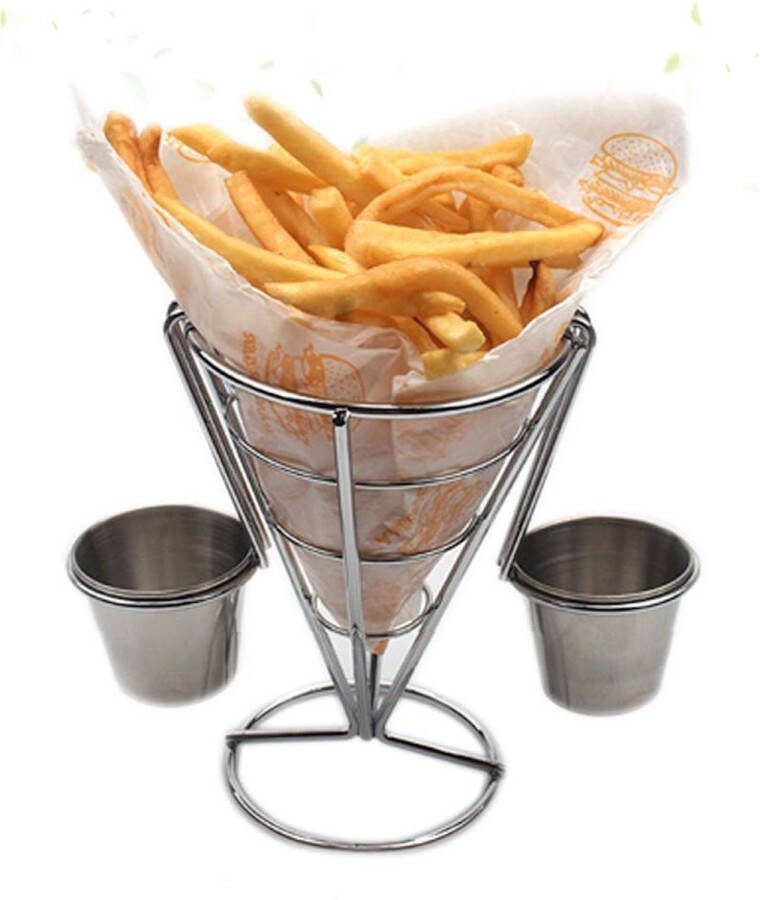 Decopatent RVS Patatzak Frietzak houder met 2 Sausbakjes Staande metalen Snack Patatzak Frietzak houder