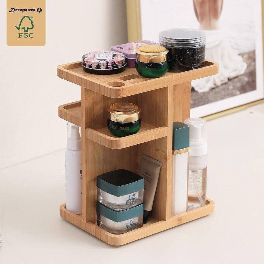 Decopatent Staande Make-up organizer 360° draaibaar Bamboe houten make up organizer Luxe Cosmetica organiser houder Toren