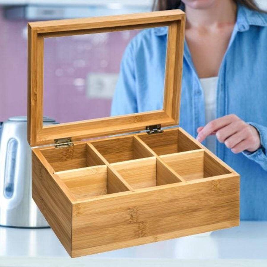Decopatent Theedoos 6 vaks Design theedoos met doorzichtig venster Theebox met Optil deksel Bamboe Hout 6 vakken theekist