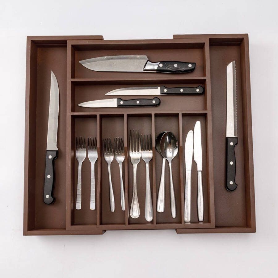 Decopatent Uitschuifbaar bestekbak Besteklade 7 Vaks -> Uitschuifbaar naar 9 Vakken Bestekbakken organizer Bamboe Bruin