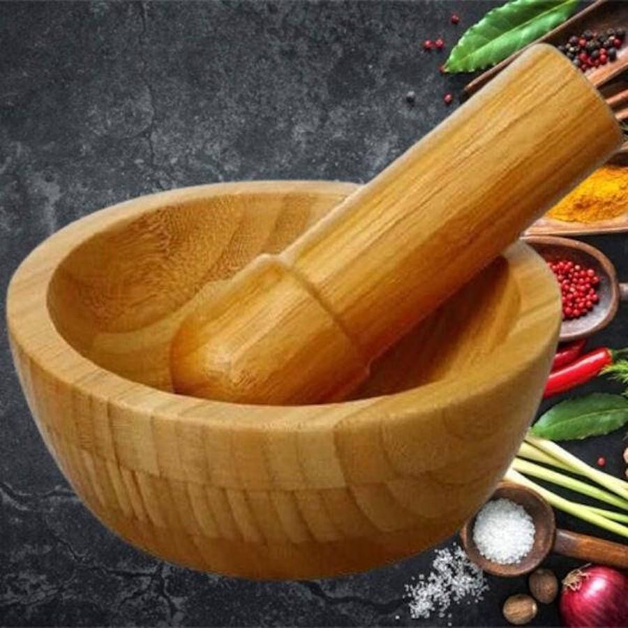 Decopatent Vijzel met stamper van Bamboe Hout Ø13 cm Fijnstampen en vermalen van Kruiden Vijzel en stamper Afm 13x13x5.5 Cm
