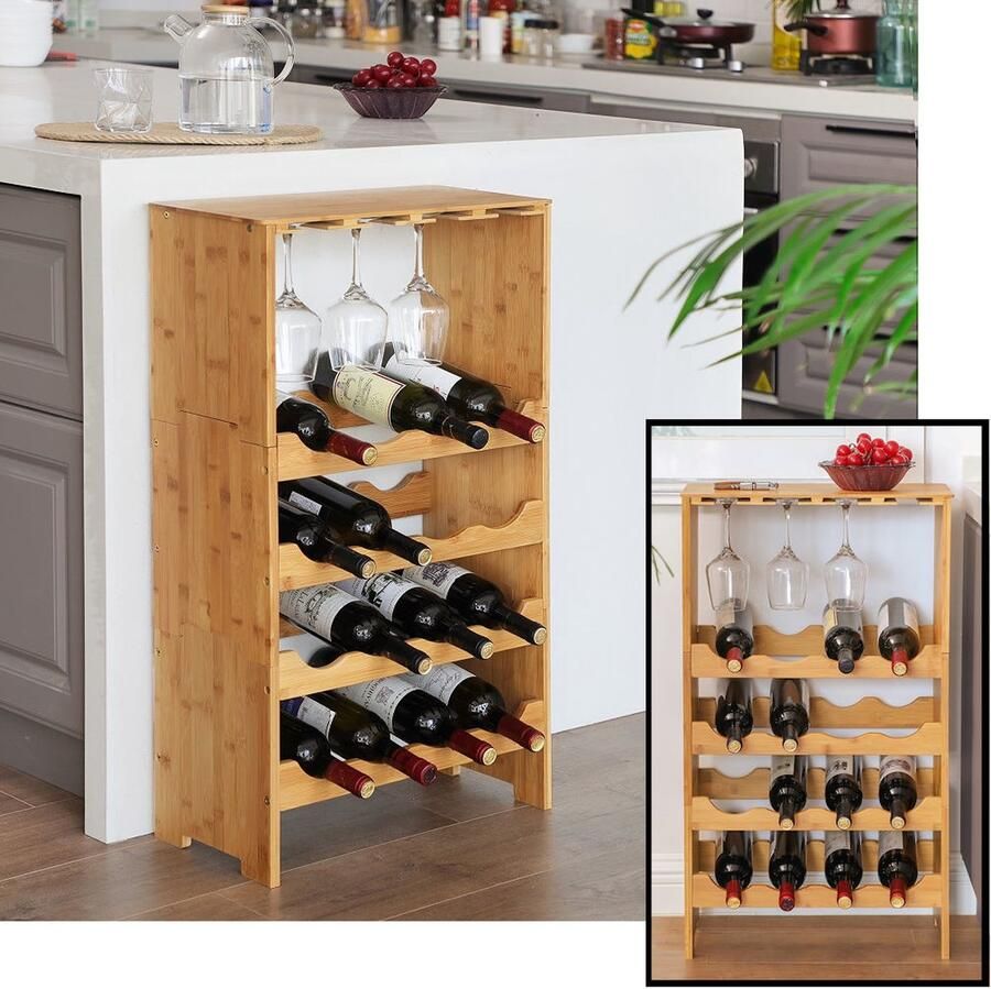 Decopatent Wijnrek 50 x 24 x 84 cm Bamboe hout 16 flessen wijn en 8 wijnglazen