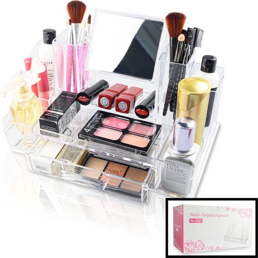 Decopatent XL Make up Organizer met 13 Vakken & Spiegel & 1 Lade- Makeup Organizer Transparant Sieraden Cosmetica Opbergdoos