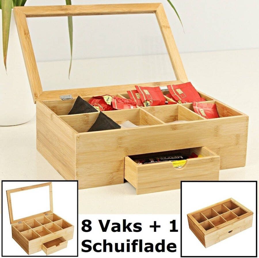 Decopatent XL Theedoos 9 Vaks Luxe grote theedoos 9 vaks Met doorzichtig venster Bamboe Hout 9 vaks theekist voor thee