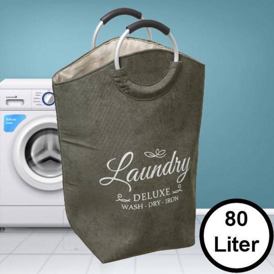 Merkloos Sans marque Decopatent XL Wasmand 80L Tekst Deluxe Laundry -> Wash Dry Iron Waszak met handvat Grote Badkamer Wasmand Velours Grijs