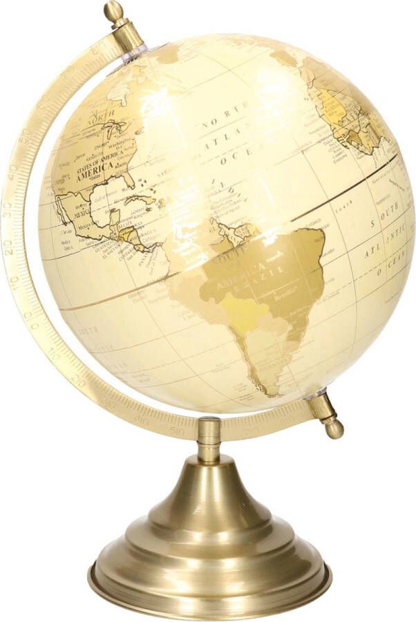 Merkloos Sans marque Decoratie wereldbol globe goud ecru op metalen voet standaard 22 x 34 cm Landen contintenten topografie
