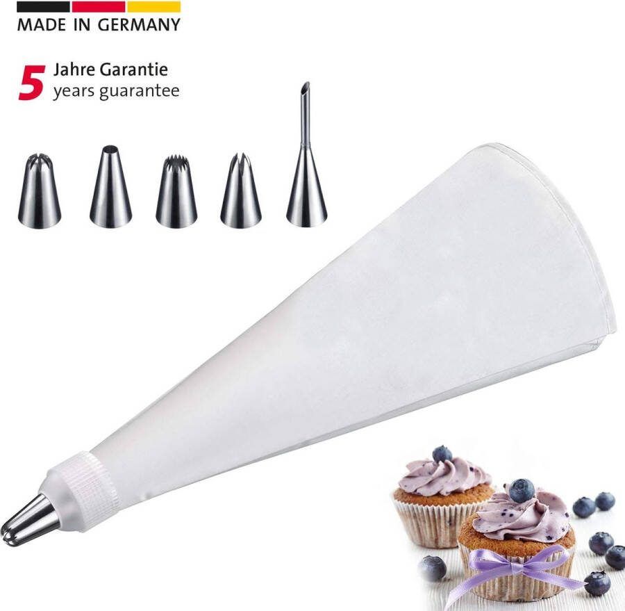 Decoratiespuit garneerset met spuitzak met tussenstuk en 5 spuitmonden 7 stuks lengte: ca. 40 cm gecoat katoen roestvrij staal Maxi Steel wit zilver 30992260